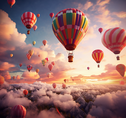 Hot air balloons over clouds